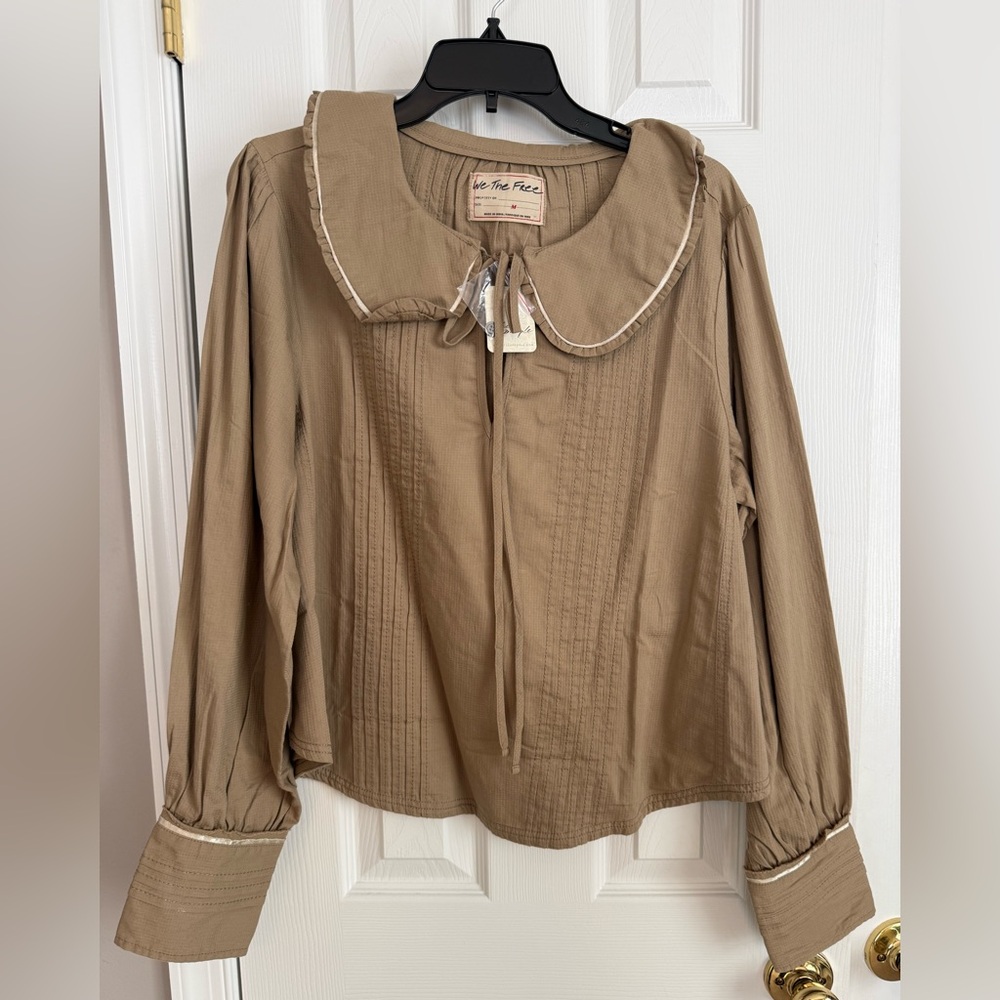 We The Free Tan Blouse with Ribbon Detail